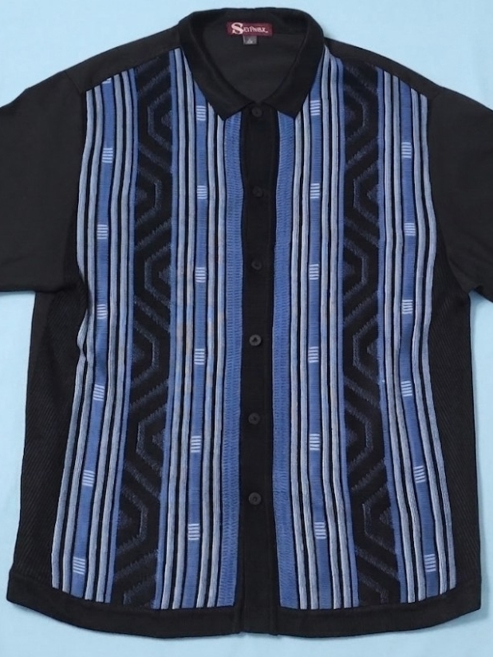 Silversilk Black & Blue Striped Knit Button-Down Shirt